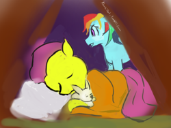 Size: 500x375 | Tagged: safe, artist:khakikat, imported from derpibooru, angel bunny, fluttershy, rainbow dash, 30 minute art challenge, sleeping