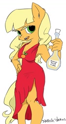 Size: 775x1442 | Tagged: safe, artist:lizzyoli-ravioli, imported from derpibooru, applejack, anthro, alternate universe, female, orangejack, simple background, solo, vodka