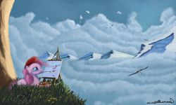 Size: 4500x2700 | Tagged: safe, artist:auroriia, imported from derpibooru, pinkie pie, bird, beret, canvas, cloud, cloudy, mountain, painting, scenery, sky