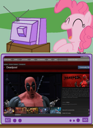 Size: 563x771 | Tagged: safe, imported from derpibooru, pinkie pie, deadpool, exploitable meme, meme, steam, steam (software), tv meme, video game