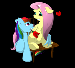 Size: 1650x1500 | Tagged: safe, artist:djscrwu, imported from derpibooru, fluttershy, rainbow dash, blushing, chair, duo, female, flutterdash, heart, lesbian, rose, shipping