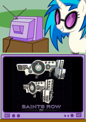 Size: 564x800 | Tagged: safe, imported from derpibooru, dj pon-3, vinyl scratch, dubstep gun, exploitable meme, saints row, saints row iv, tv meme