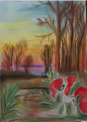 Size: 755x1058 | Tagged: dead source, safe, artist:flutterbella, imported from derpibooru, oc, oc only, earth pony, pony, female, outdoors, pastel, pastels (medium), solo, sunset, traditional art, tree, walking