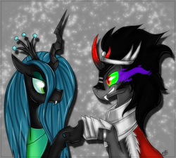 Size: 1000x900 | Tagged: safe, artist:sevenada, imported from derpibooru, king sombra, queen chrysalis, antagonist, chrysombra, couple, fangs, female, male, shipping, straight