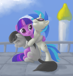 Size: 1905x1964 | Tagged: safe, artist:odooee, imported from derpibooru, dj pon-3, octavia melody, twilight sparkle, vinyl scratch, hug