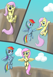 Size: 1000x1443 | Tagged: safe, artist:odooee, imported from derpibooru, fluttershy, rainbow dash, comic, filly, flying, forgetful, help