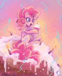 Size: 1024x1251 | Tagged: dead source, safe, artist:meownyo, imported from derpibooru, pinkie pie, earth pony, pony, candle, confetti, cupcake, female, food, happy, micro, solo, streamers, torch