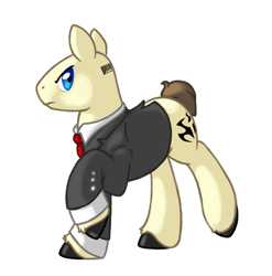 Size: 685x692 | Tagged: safe, artist:gasmaskmonster, imported from derpibooru, earth pony, pony, agent 47, bald, barcode, clothes, cuffs (clothes), formal, frown, hitman, insignia, looking at you, necktie, ponified, scowl, simple background, solo, suit, transparent background, unshorn fetlocks