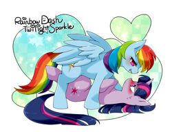 Size: 900x692 | Tagged: safe, artist:zakro, imported from derpibooru, rainbow dash, twilight sparkle, pegasus, pony, unicorn, bedroom eyes, blushing, eye contact, female, grin, heart, lesbian, mare, on back, on top, pixiv, shipping, smiling, spread wings, standing, sweat, twidash