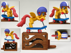 Size: 1024x768 | Tagged: safe, artist:renegadecow, imported from derpibooru, scootaloo, automaton, craft, custom, customized toy, helmet, scooter, sculpture, solo, woodwork