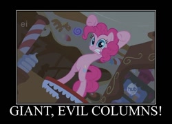 Size: 750x541 | Tagged: safe, edit, edited screencap, imported from derpibooru, screencap, pinkie pie, bridle gossip, betrayal, bipedal, ei, gritted teeth, hub logo, motivational poster, spoony, ultima, ultima ix