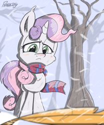 Size: 1000x1200 | Tagged: dead source, safe, artist:slitherpon, imported from derpibooru, scootaloo, sweetie belle, clothes, feather, female, scarf, snow, snowfall, solo, winter