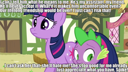 Size: 936x527 | Tagged: safe, edit, edited screencap, imported from derpibooru, screencap, spike, twilight sparkle, over a barrel, female, image macro, insecure, male, shipping, straight, twispike