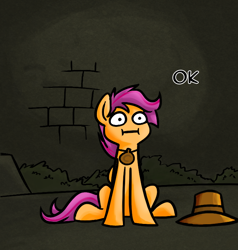 Size: 666x700 | Tagged: safe, artist:alskylark, imported from derpibooru, scootaloo, :i, female, hat, necklace, scootalootheadventurer, solo