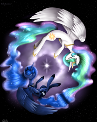 Size: 3146x3929 | Tagged: safe, artist:kitsunehino, imported from derpibooru, princess celestia, princess luna, contrast, space, stars