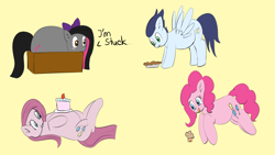 Size: 1920x1080 | Tagged: safe, artist:verminshy, imported from derpibooru, pinkie pie, soarin', oc, oc:crossie, earth pony, pegasus, blushing, cake, chubby, duality, fat, food, lying down, muffin, on back, pie, pinkamena diane pie, self ponidox, simple background, stuck, that pony sure does love pies