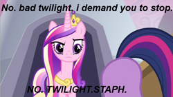 Size: 640x360 | Tagged: safe, edit, edited screencap, imported from derpibooru, screencap, princess cadance, queen chrysalis, twilight sparkle, a canterlot wedding, ass up, butt, duo, fake cadance, image macro, plot, stahp, twibutt