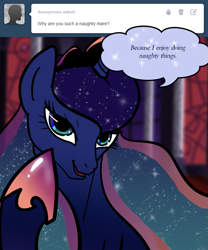 Size: 651x784 | Tagged: safe, artist:zombiecollie, imported from derpibooru, princess luna, ask lusty luna, ask, bedroom eyes, lusty luna, tumblr