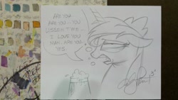 Size: 1023x577 | Tagged: safe, artist:andypriceart, idw, imported from derpibooru, princess luna, cider, drunk, drunk luna, female, monochrome, solo, speech bubble, traditional art