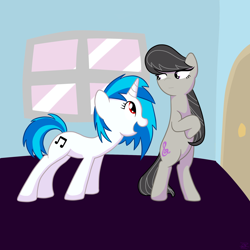 Size: 2000x2000 | Tagged: safe, artist:zoeezoee, imported from derpibooru, dj pon-3, octavia melody, vinyl scratch, pony, bipedal, door, scratchtavia, shipping, window