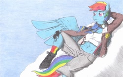 Size: 1086x677 | Tagged: safe, artist:sirartemisderpington, imported from derpibooru, rainbow dash, anthro, unguligrade anthro, abs, arm behind head, clothes, female, fingerless gloves, gloves, scarf, solo, traditional art