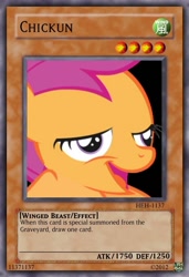 Size: 640x934 | Tagged: safe, imported from derpibooru, scootaloo, chickun, dan is me, exploitable meme, forced meme, yu-gi-oh!