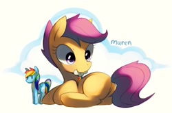 Size: 1330x880 | Tagged: safe, artist:maren, imported from derpibooru, rainbow dash, scootaloo, butt, cutie mark, female, lying down, mouth hold, plot, prone, scootabutt, sticker, toy