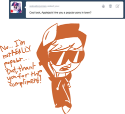 Size: 500x453 | Tagged: safe, artist:mushroomcookiebear, imported from derpibooru, applejack, female, monochrome, solo, sunglasses, tumblr