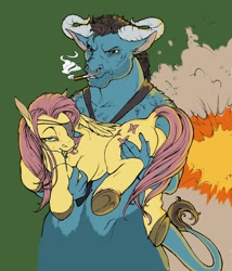 Size: 1280x1498 | Tagged: safe, artist:fillyphalanx, imported from derpibooru, fluttershy, iron will, minotaur, pony, badass, butt, carrying, cigarette, dock, explosion, eyepatch, holding a pony, hooves, plot, smoking, unshorn fetlocks