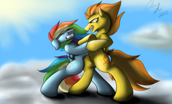 Size: 1000x605 | Tagged: safe, artist:jinyaranda, imported from derpibooru, rainbow dash, spitfire, blood, fight