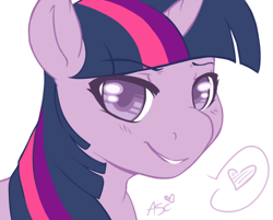 Size: 892x717 | Tagged: safe, artist:mlpfwb, imported from derpibooru, twilight sparkle, pony, unicorn, female, heart, lidded eyes, looking at you, mare, portrait, smiling, solo, speech bubble