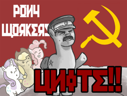 Size: 1000x750 | Tagged: artist needed, safe, imported from derpibooru, applejack, pinkie pie, rarity, communism, fake cyrillic, hammer and sickle, hat, josef stalin, ponified, russian