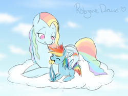 Size: 1280x960 | Tagged: safe, artist:robynne, imported from derpibooru, rainbow dash, cloud, filly, medal, rainbow mom