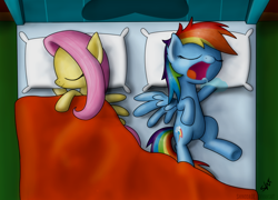 Size: 3200x2300 | Tagged: safe, artist:shinodage, imported from derpibooru, fluttershy, rainbow dash, bed, drool, sleeping, snoring