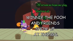 Size: 1280x720 | Tagged: safe, edit, edited screencap, imported from derpibooru, screencap, spike, hearth's warming eve (episode), 1000 hours in ms paint, comic sans, hearth's warming eve, image macro, interrupted, male, ms paint, parody, pooh's adventures, solo, text