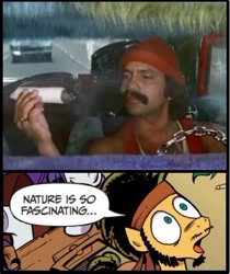 Size: 394x469 | Tagged: safe, edit, idw, imported from derpibooru, flax seed, pegasus, pony, cheech and chong, drugs, exploitable meme, female, flax seed looks at stuff, mare, meme, nature is so fascinating, up in smoke