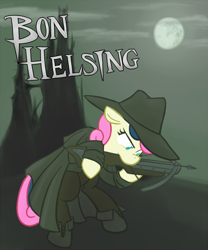 Size: 666x800 | Tagged: safe, artist:atlur, deleted from derpibooru, imported from derpibooru, bon bon, sweetie drops, pony, bipedal, bonafied, bonpun, crossbow, pun, solo, vampire hunter, van helsing