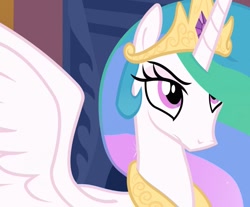 Size: 1279x1057 | Tagged: safe, imported from derpibooru, princess celestia, alicorn, pony, crown, female, frown, jewelry, mare, peytral, raised eyebrow, regalia, solo, spread wings, wings