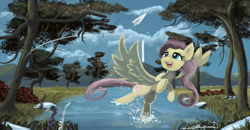 Size: 1024x533 | Tagged: dead source, safe, artist:auroriia, imported from derpibooru, fluttershy, female, paper airplane, paper plane, river, solo