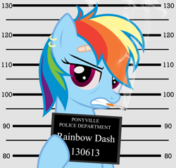 Size: 1782x1706 | Tagged: safe, artist:jennieoo, imported from derpibooru, rainbow dash, bandaid, breaking bad, cigarette, ear piercing, earring, female, height scale, jesse pinkman, jewelry, mugshot, piercing, show accurate, smoking, solo