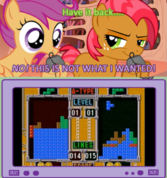 Size: 751x800 | Tagged: safe, imported from derpibooru, babs seed, scootaloo, exploitable meme, gamer babs, gamer scoot, meme, more columns than ancient greece, tetris, tetris smackdown, the freelance astronauts, tv meme