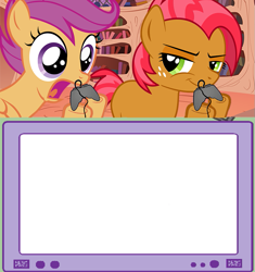 Size: 751x800 | Tagged: safe, imported from derpibooru, babs seed, scootaloo, earth pony, pegasus, pony, exploitable, exploitable meme, female, filly, foal, gamer babs, gamer scoot, open mouth, template, tv meme, video game