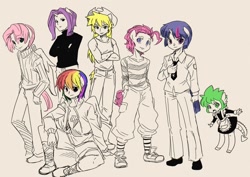 Size: 1100x780 | Tagged: safe, artist:shepherd0821, imported from derpibooru, applejack, fluttershy, pinkie pie, rainbow dash, rarity, spike, twilight sparkle, anthro, ambiguous facial structure, applejack (male), barb, bubble berry, butterscotch, clothes, dusk shine, elusive, human facial structure, lusty baby dragon maid, maid, male, male six, mane seven, mane six, rainbow blitz, rule 63