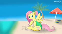 Size: 1920x1080 | Tagged: safe, artist:verminshy, imported from derpibooru, fluttershy, parasol, pegasus, pony, alternate hairstyle, beach, female, hair bun, mare, one-piece swimsuit, palm tree, sandcastle, solo, swimsuit