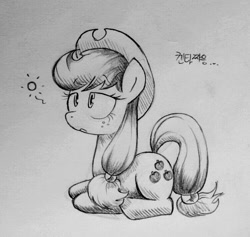 Size: 751x711 | Tagged: safe, artist:discommunicator, imported from derpibooru, applejack, female, korean, monochrome, solo