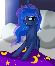 Size: 3731x4426 | Tagged: dead source, safe, artist:artitsmagic, artist:johnjoseco, imported from derpibooru, princess luna, alicorn, pony, absurd resolution, bed, bed mane, female, looking at you, mare, messy mane, morning ponies, open mouth, pillow, solo