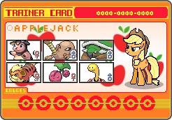 Size: 246x172 | Tagged: safe, artist:seaandsunshine, imported from derpibooru, applejack, cherrim, cherubi, earth pony, growlithe, hitmonlee, miltank, pony, torterra, female, mare, pokémon, shuckle, trainer card