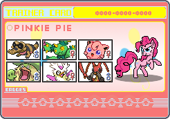 Size: 246x172 | Tagged: safe, artist:seaandsunshine, imported from derpibooru, pinkie pie, delibird, jigglypuff, ludicolo, sandile, kricketune, maractus, pokémon, trainer card