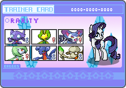 Size: 246x172 | Tagged: safe, artist:seaandsunshine, imported from derpibooru, rarity, gabite, gardevoir, leavanny, purugly, sableye, pokémon, smeargle, trainer card