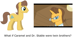 Size: 1930x1100 | Tagged: safe, imported from derpibooru, caramel, doctor horse, doctor stable, handsome, headcanon, meta, theory